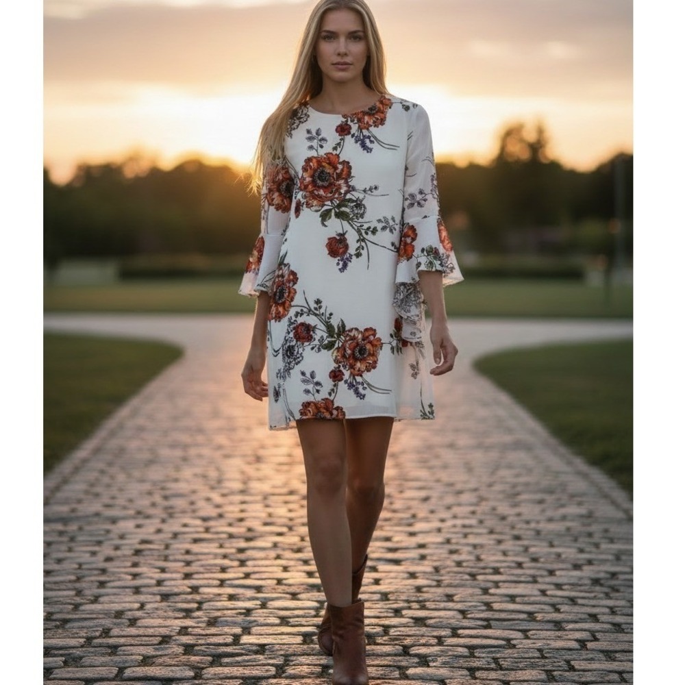 City Triangles‎ A-Line Mini Dress Ivory Floral Print Bell Sleeve Women's Small